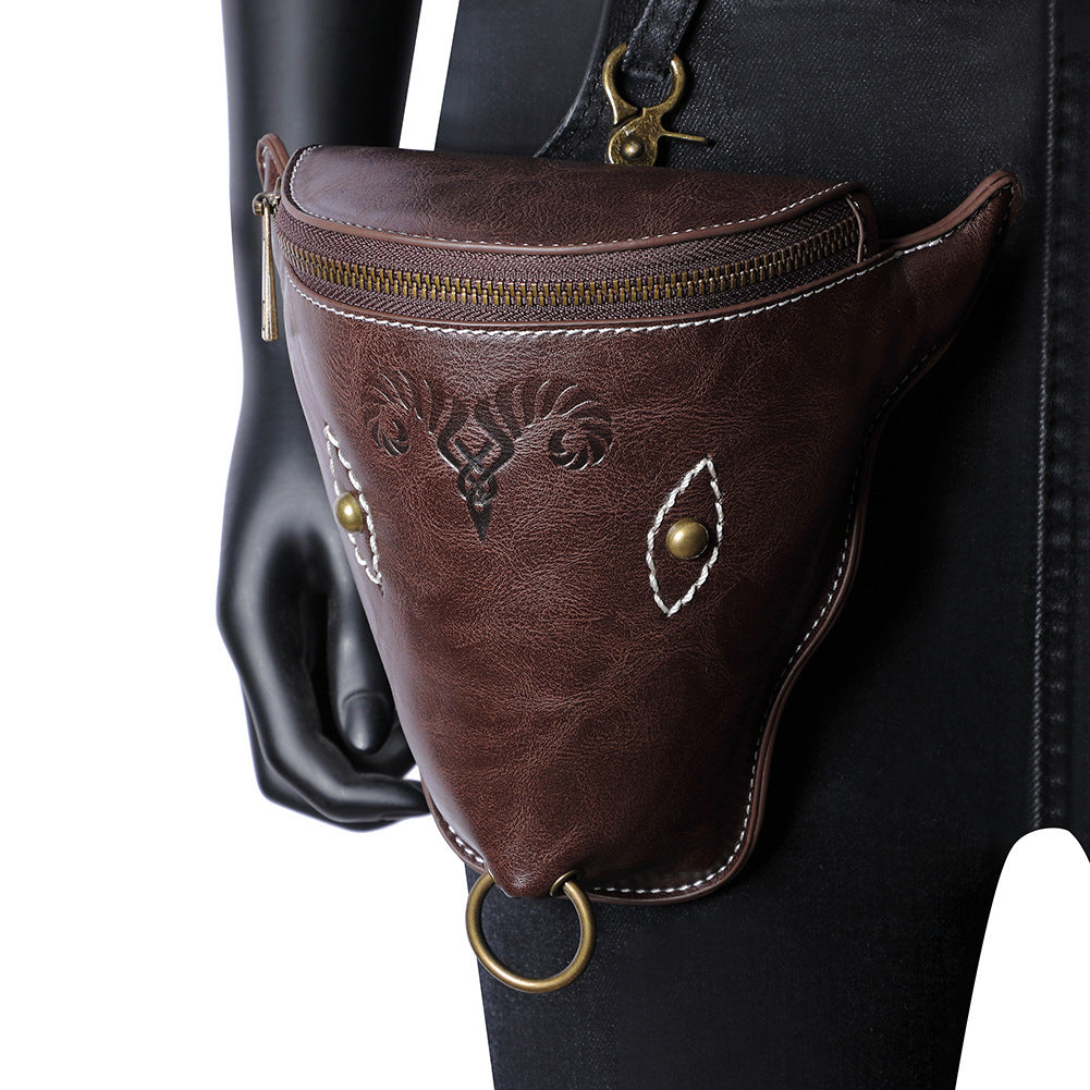 Brown leather Viking holster coin purse angled view rivet emboss chain detail industrial goth Darkwear Fashion