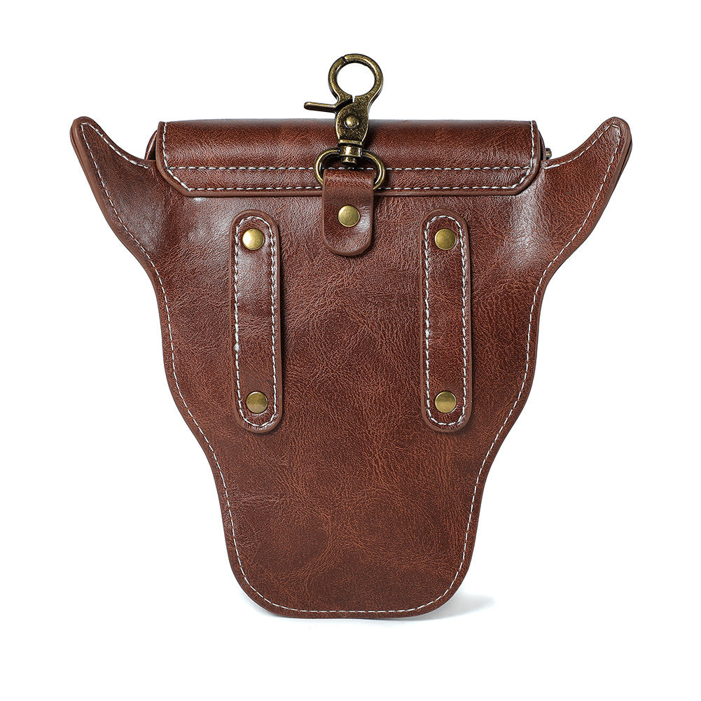 Brown leather Viking holster coin purse open top view rivet emboss chain hardware industrial goth Darkwear Fashion