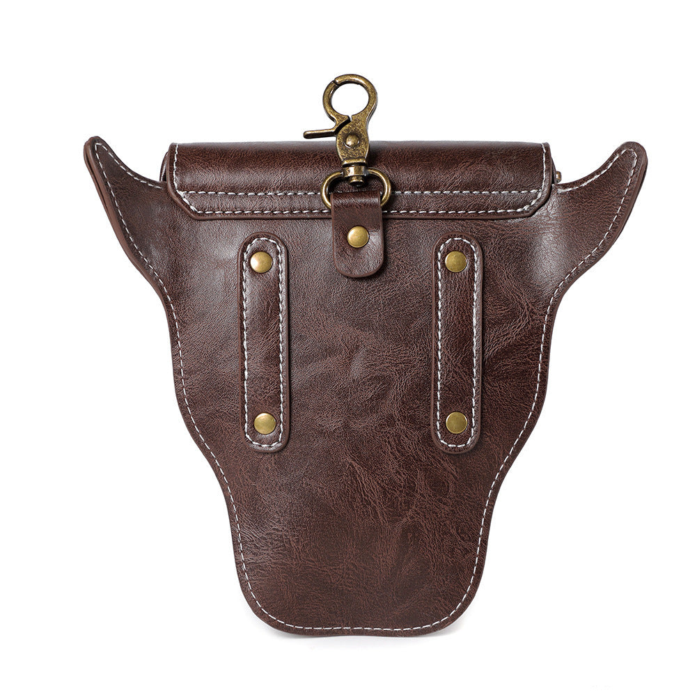Brown leather Viking holster coin purse top view rivet emboss chain detail industrial goth Alternative Darkwear