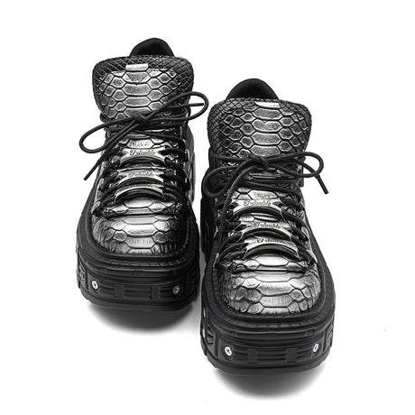 Close-up of 8cm wedge heel on women's silver gray punk platform boots, Alternative Darkwear