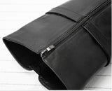 Close-up of black cowhide leather boot shaft showing inner zipper closure detail, women's darkwear OTK boots