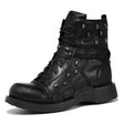 Close-up of rivet and hollow detail on men's gothic knight boots in faux leather, non-slip rubber sole