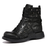 Close-up of rivet and hollow detail on men's gothic knight boots in faux leather, non-slip rubber sole
