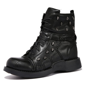 Close-up of rivet and hollow detail on men's gothic knight boots in faux leather, non-slip rubber sole