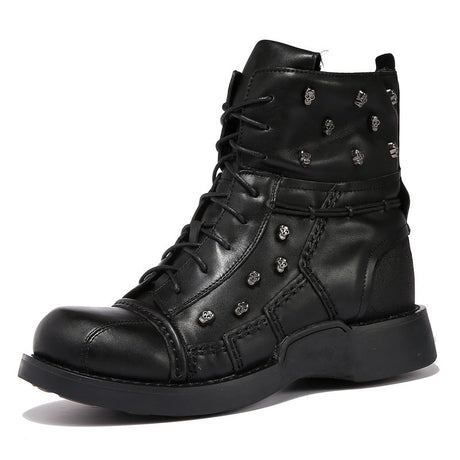 Close-up of rivet and hollow detail on men's gothic knight boots in faux leather, non-slip rubber sole