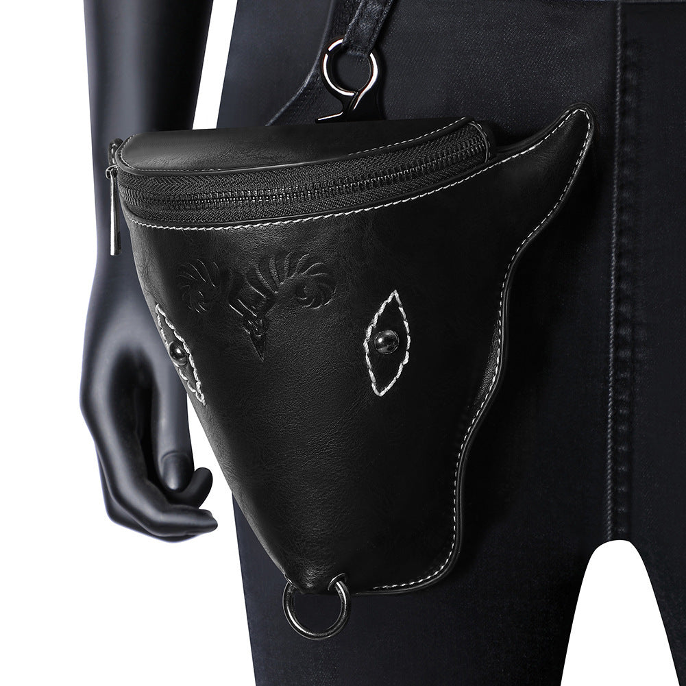 Close up shoot of Black PU Viking belt coin purse holster rivet emboss chain hardware industrial goth unisex Alternative Fashion