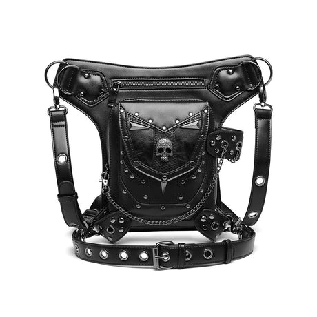 Full detail view of Waist bag details and durable design. Featuring skulls, adjustable straps, multi connecting and faxable design.