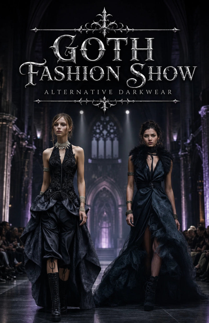 Two models walk down a runway in a gothic cathedral setting, wearing dark, dramatic evening gowns. Large text at the top reads 'Goth Fashion Show' and 'Alternative Darkwear'.