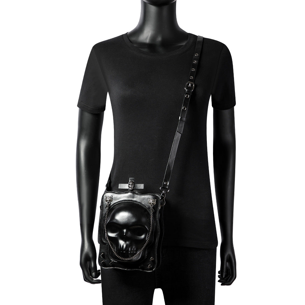 Gothic skull bag side view black mini square crossbody with chain strap alternative darkwear fashion