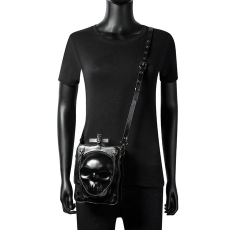 Gothic skull bag side view black mini square crossbody with chain strap alternative darkwear fashion