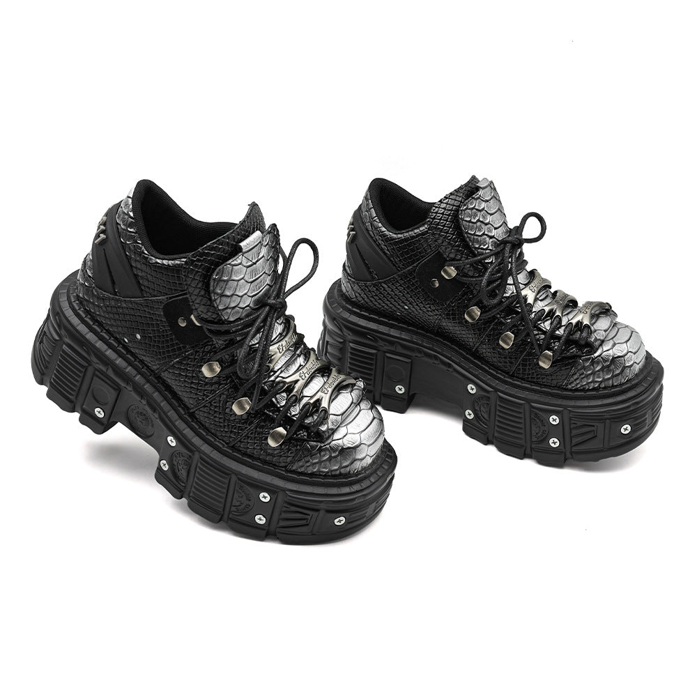Gothic wedge heel on women's silver gray punk platform boots