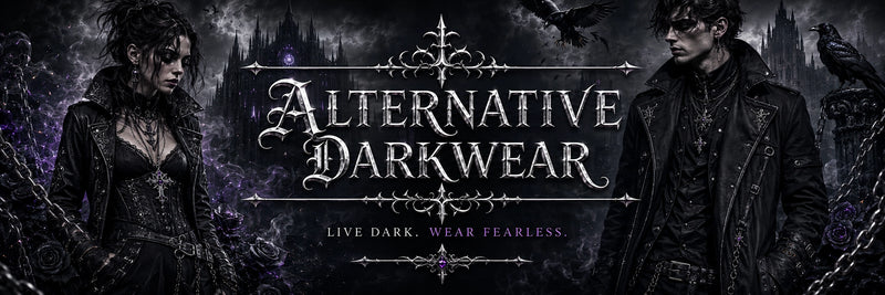 Promotional banner for Alternative Darkwear featuring a gothic woman on the left and a gothic man on the right, both wearing dark leather jackets, set against a dark castle and raven backdrop with ornate gothic typography in the center.