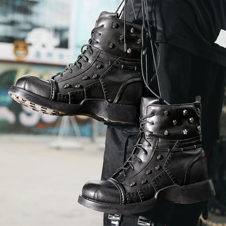 Men's black PU leather rivet knight boots with hollow cutout detail and flat rubber sole, gothic Martin style