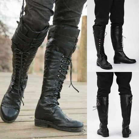 Men's black PU leather rivet knight boots with hollow cutout detail, gothic pirate and medieval style