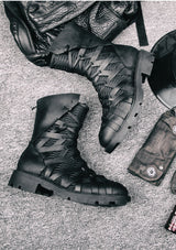 Men's black crazy horse leather Martin boots woven lace detail flat lay gothic dark fashion alternative darkwear
