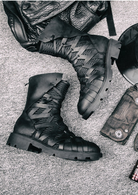 Men's black crazy horse leather Martin boots woven lace detail flat lay gothic dark fashion alternative darkwear