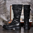Men's black darkwear biker boots front and back view showing buckle strap and side zipper, cowhide leather, Alternative Darkwear