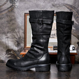 Men's black darkwear biker boots front and back view showing buckle strap and side zipper, cowhide leather, Alternative Darkwear