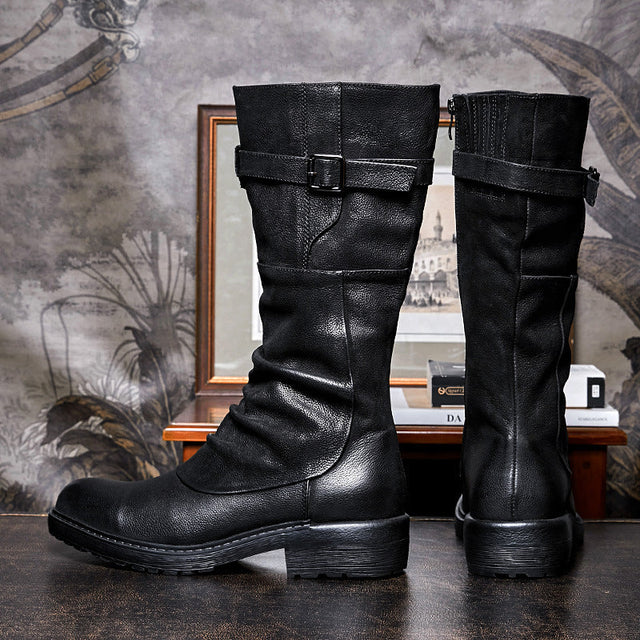 Men's black darkwear biker boots front and back view showing buckle strap and side zipper, cowhide leather, Alternative Darkwear