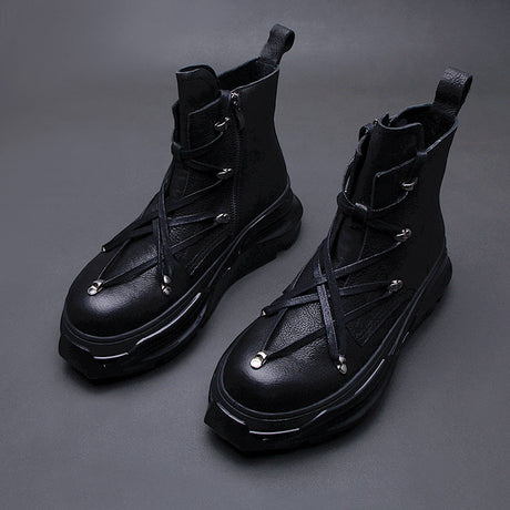 Men's black motorcycle Martin boots thick sole side zipper genuine leather alternative darkwear style