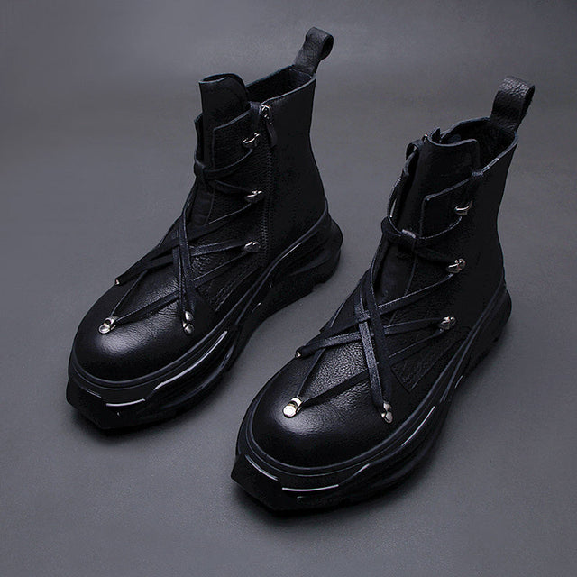 Men's black motorcycle Martin boots thick sole side zipper genuine leather alternative darkwear style