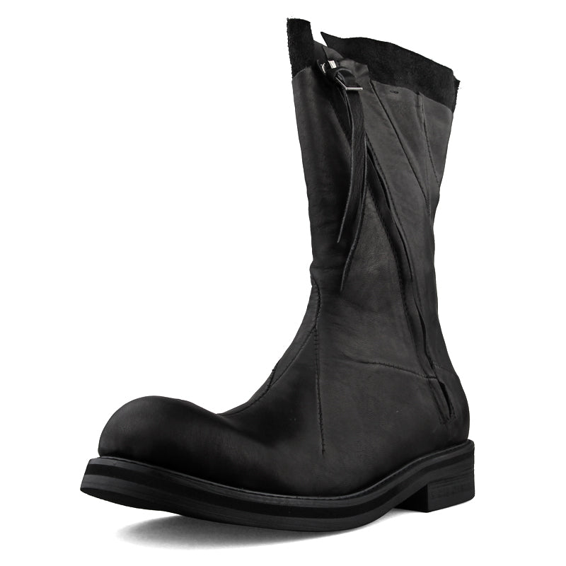 Product shot of men's black deconstructed leather boot with irregular stitching, zipper closure and chunky sole, Alternative Darkwear