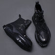 Side profile black genuine leather motorcycle boots thick sole zipper closure alternative darkwear
