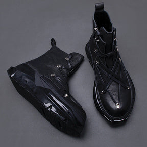 Side profile black genuine leather motorcycle boots thick sole zipper closure alternative darkwear