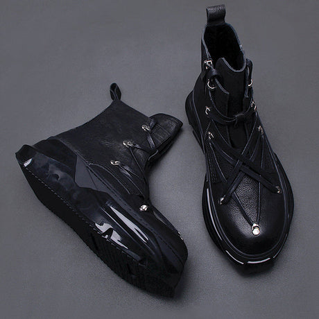 Side profile black genuine leather motorcycle boots thick sole zipper closure alternative darkwear