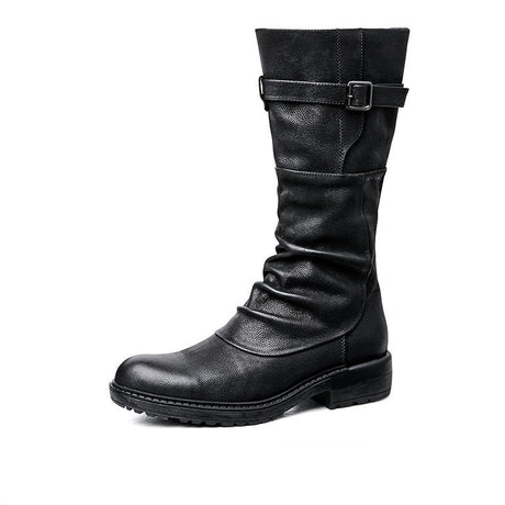 Side view of men's black high-top cowhide biker boots with buckle strap and rushed leather shaft, alternative fashion
