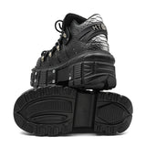 Side view of women's chunky sole punk boots in silver gray PU with round toe, EU sizes 36 to 42