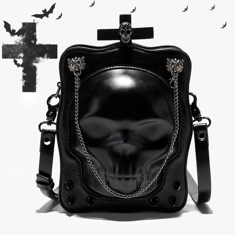Skull crossbody bag black PU leather gothic mini square shoulder bag with rivets and chain