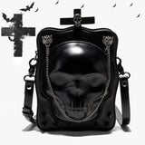 Skull crossbody bag black PU leather gothic mini square shoulder bag with rivets and chain