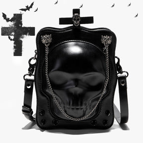 Skull crossbody bag black PU leather gothic mini square shoulder bag with rivets and chain