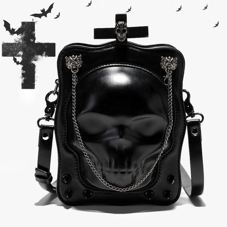 Skull crossbody bag black PU leather gothic mini square shoulder bag with rivets and chain