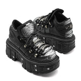 Women's silver gray chunky platform punk boots with 8cm wedge heel and front laces, gothic alternative fashion