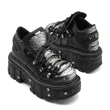 Women's silver gray chunky platform punk boots with 8cm wedge heel and front laces, gothic alternative fashion