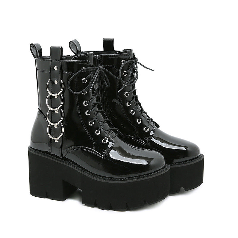 Side view of women's gothic motorcycle boots with chunky muffin sole and medium heel, EU sizes 35 to 43