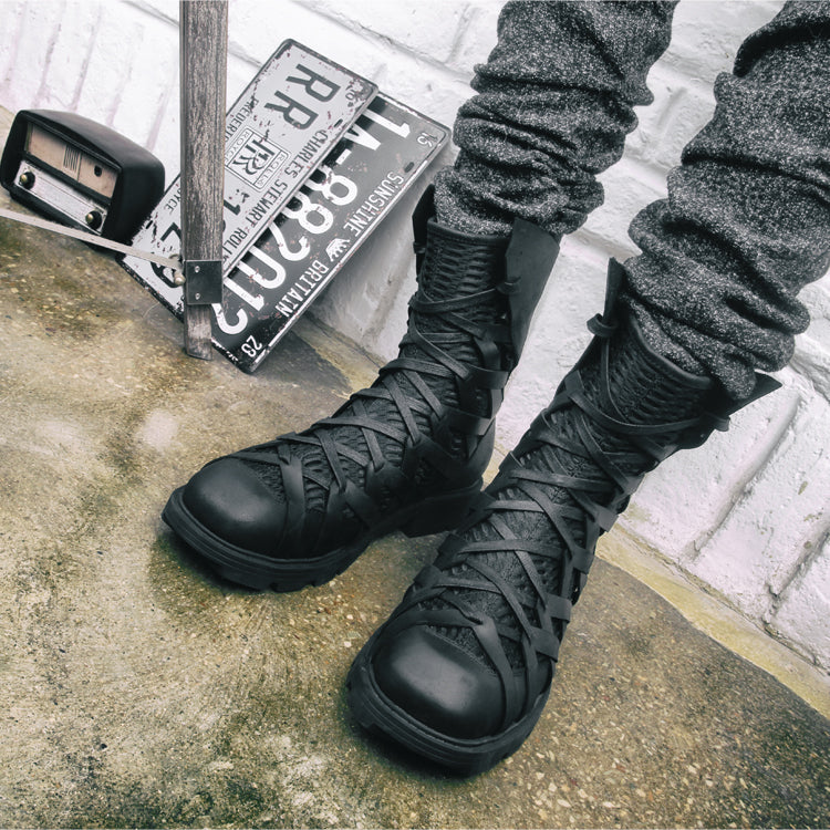 Men's black crazy horse leather Martin boots with square toe and side zipper, gothic dark fashion