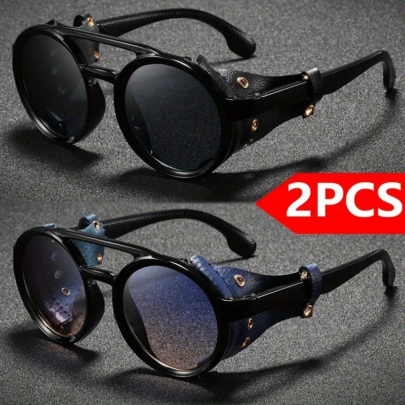 Alternative darkwear vintage round goggle sunglasses — black frame blue tinted lens steampunk style