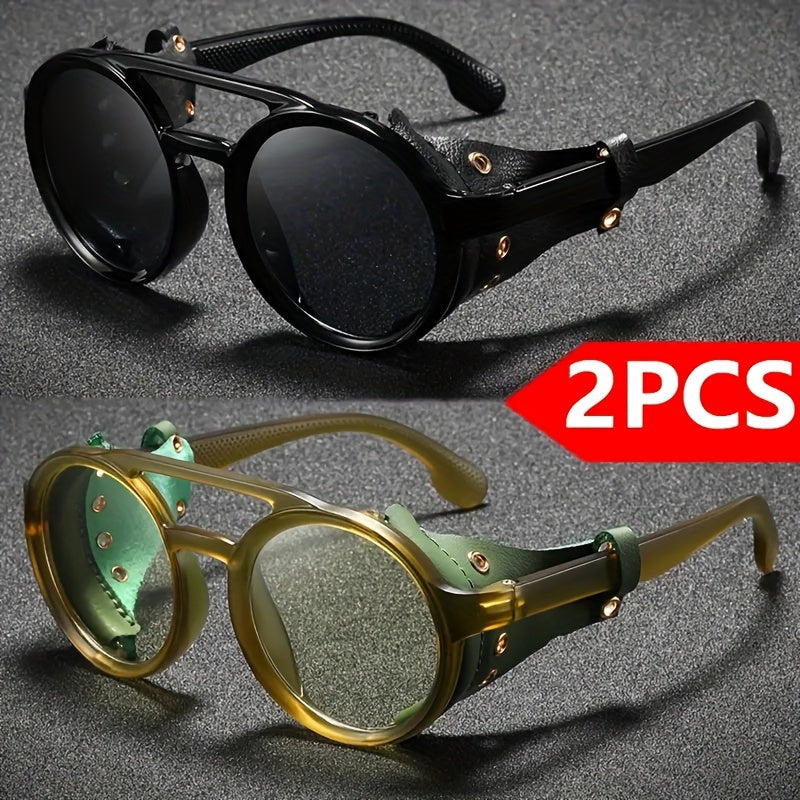 Alternative darkwear vintage round goggle sunglasses — black frame green tinted lens steampunk style