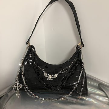 Gothic skull chain shoulder bag in black alligator faux leather with silver eagle pendant and cross charm from Alternative Darkwear