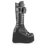 Side view of women's gothic knight boots with 8cm+ wedge heel and back zipper closure, EU sizes 36 to 43