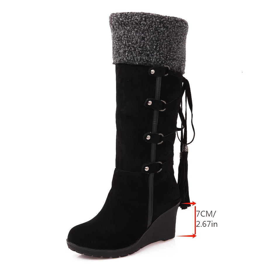 Black high shaft wedge boots darkwear fashion women back lace up detail and tassel accent