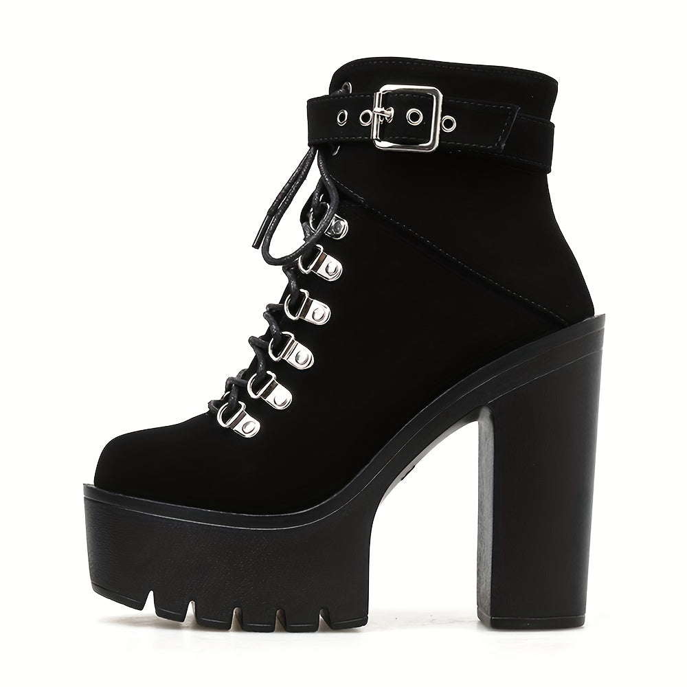 Black velvet alternative darkwave ankle boots women chunky block heel D-ring lace up buckle strap pair view