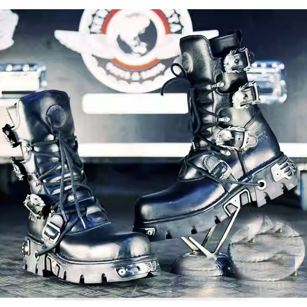 Close-up of genuine cowhide upper on men's waterproof high-top boots, EU sizes 37 to 50