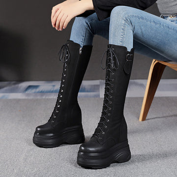 Women's black first-layer cowhide platform Martin boots with high shaft and waterproof sole, dark feminine fashion