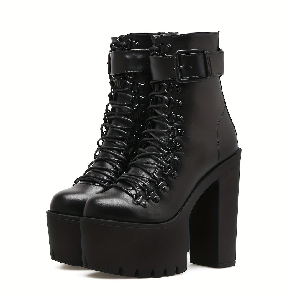 Black buckle strap platform boots darkwear fashion women chunky block heel lace up front view