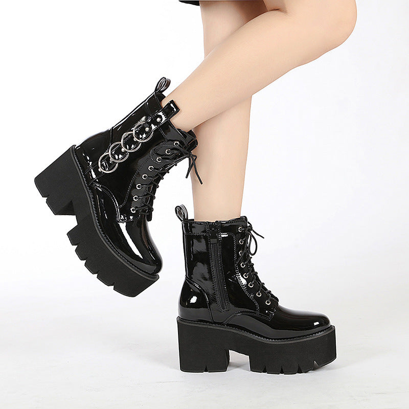 Women's black PU leather motorcycle platform boots with rivet and belt buckle detail, gothic punk dark fashion