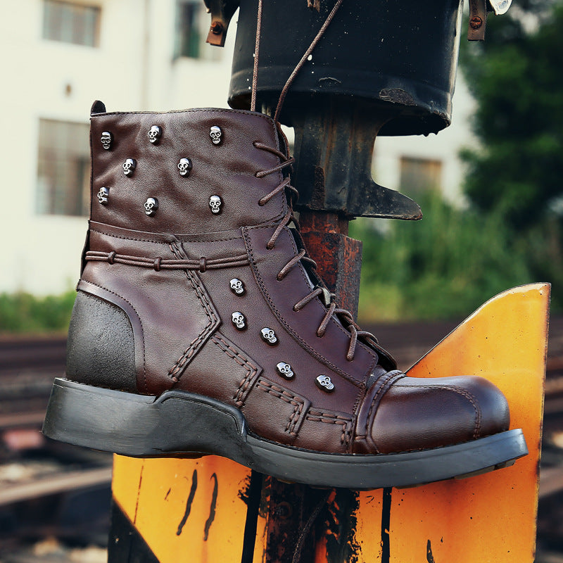 Men's black PU leather rivet knight boots with hollow cutout detail and flat rubber sole, gothic Martin style